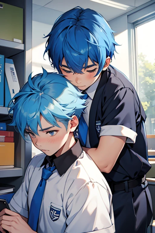 At school there are two cute boys with blue hair.