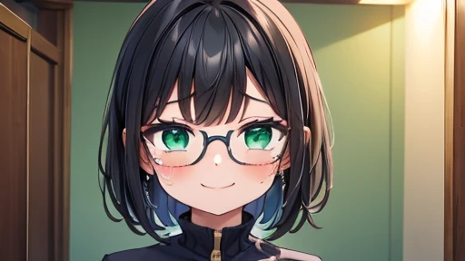 masterpiece,highest quality,wonderful,finely,High resolution,1 girl, big breasts,(crying smile:1.3), black hair, glasses, green eyes,full body