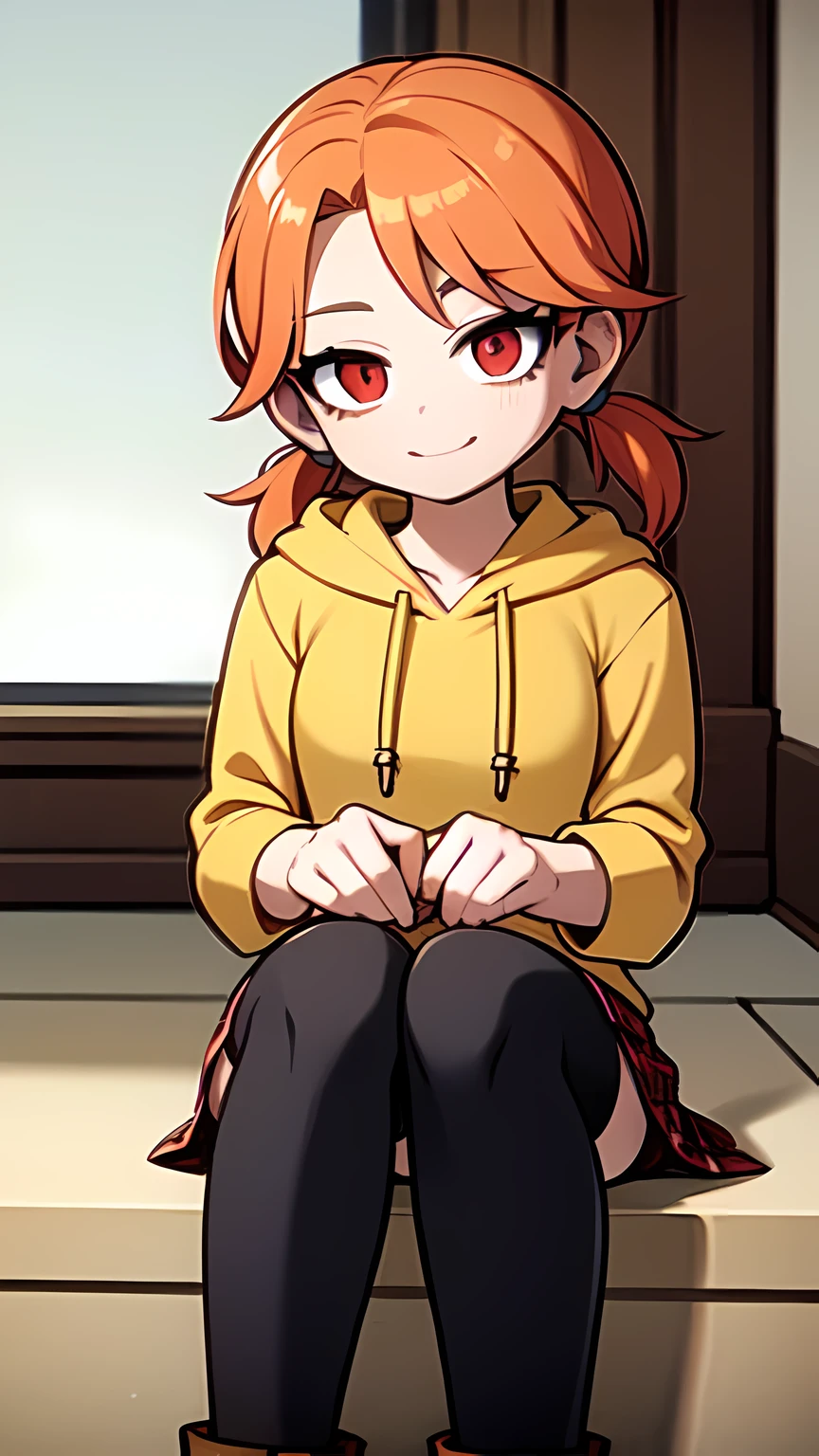 1girl,solo,upper body,looking at viewer,facing viewer,short low twintails,orange hair,red eyes,twin parted bangs,hair pulled back,solid outline,smile,black thighhighs,red plaid skirt,military boots,(((yellow hoodie))),sitting
