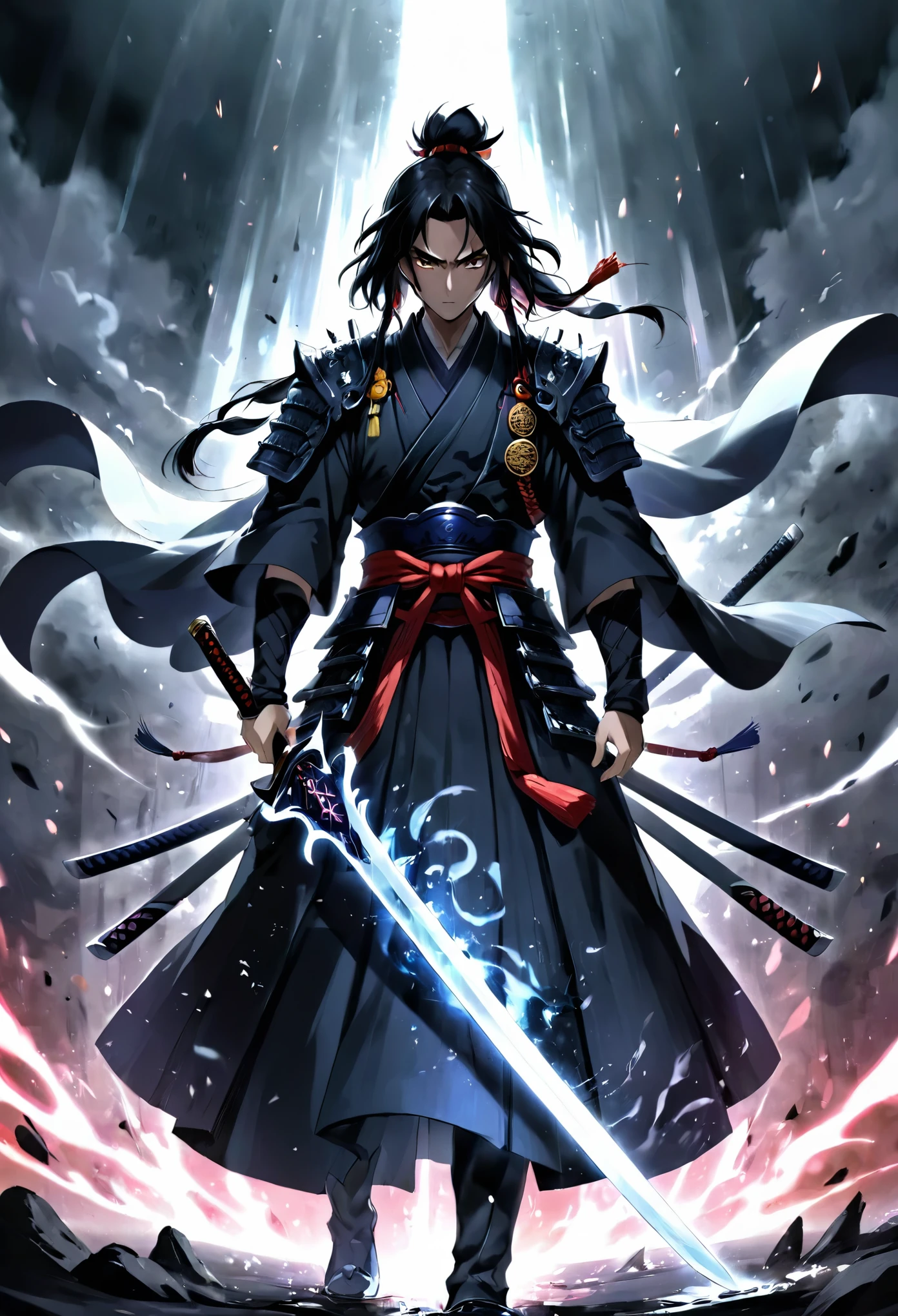 masterpiece, best quality, extremely detailed, anime, A samurai, a sword, holding a sword, an evil aura surrounding the sword, a dark aura, a strong atmosphere,