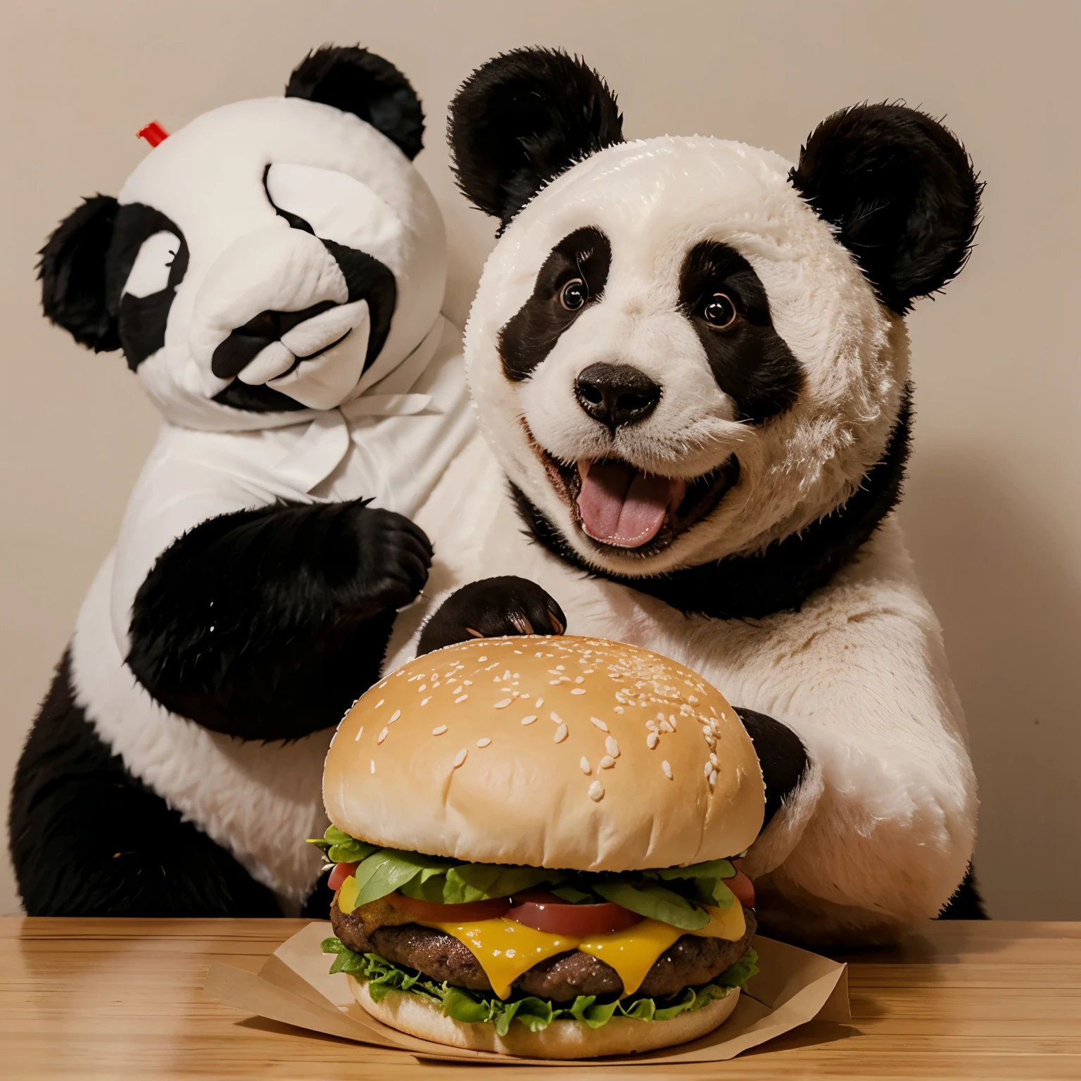 Oso panda con sombrero chino y lentes obscuros comiendo una hamburguesa 