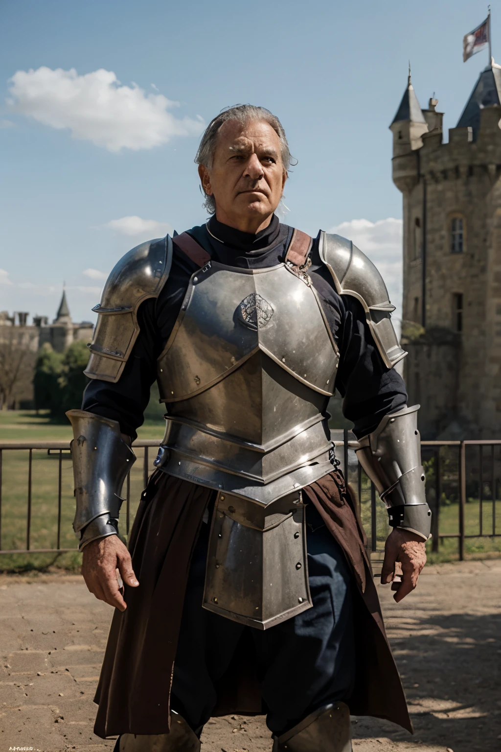 old man knight, armored, castle background, muscular, wearing armor