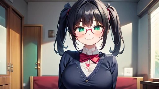 masterpiece,highest quality,wonderful,finely,High resolution,1 girl, big breasts,(sad smile:1.3), black hair, glasses, green eyes, twin tails, full body