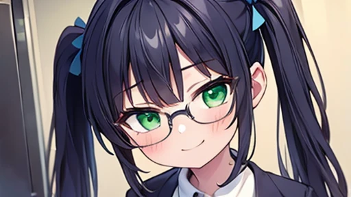 masterpiece,highest quality,wonderful,finely,High resolution,1 girl, big breasts,(sad smile:1.3), black hair, glasses, green eyes, twin tails, full body