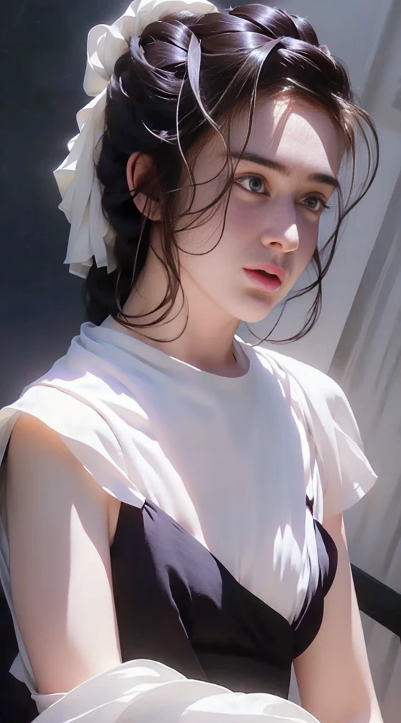 high quality photos, masterpiece, ultra high definition, (realistically: 1.4), Realistic style,original photo, 1 girl, british maid, Ruffled Maid Katyusha, ponytail, Braided hair, ruffled translucent shirt, ribbon tie, apron, mini skirt, puff sleeves, white, glowing skin, victorian era, no gray background, stand by the window,full body image,split,black garters,full-body shot