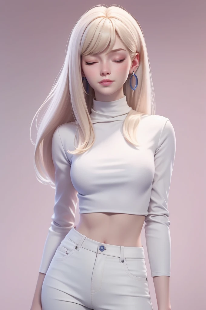 masterpiece, best quality, 1girl, closed eyes, pale skin, light blonde hair, straight hair, medium hair, long bangs over the eye, earrings, blue pants, white turtleneck, simple background, solo, upper body
