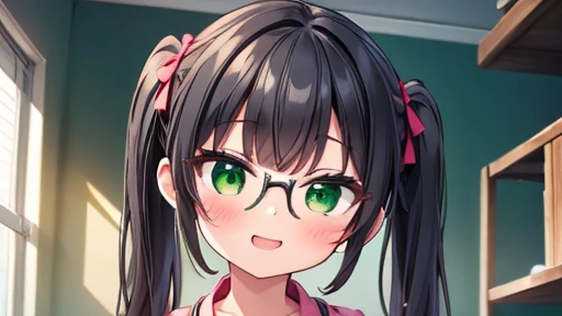 masterpiece,highest quality,wonderful,finely,High resolution,1 girl, big breasts,(happy:1.3), black hair, glasses, green eyes, twin tails, full body