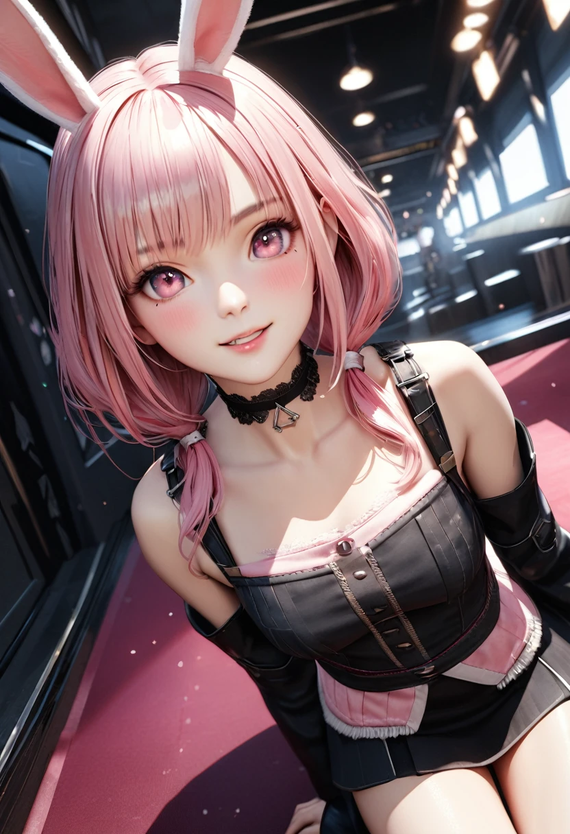 1girl, pink hair, long hair,  hd quality, 4k, 8k,,eyes, face, , evil, dark, face closeup, face, evil smirk, fangs,in a cute bedroom on the bed,und, face close up. dominant, dark, sideways, sideview, villain, hair clip,black horns, large breasts, twin tails, evilgrin, huge breasts, cardigan