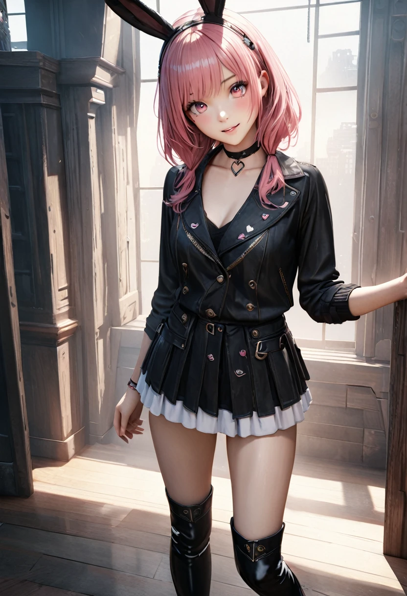 highest quality, highest quality, Super detailed, high resolution, High resolution, HDR, 4k, 8K, unity 8k wallpaper, Detailed CG, masterpiece, realistic, photorealistic, 2D, 3D, beautiful details, depth, fine texture , super fine: 1.3, Fully focused, crispy skin, he,
Very cute anime girl with medium long pink hair ,black jumper,mini skirt,knee high boots, Like a doll, smile,solo girl,The girl's name is Rikousa, alone, pink hair, animal ears, mole under the eyes, looking at the viewer, blush, mole, rabbit ears, parted lips, hair piece, heart, pink eyes, choker