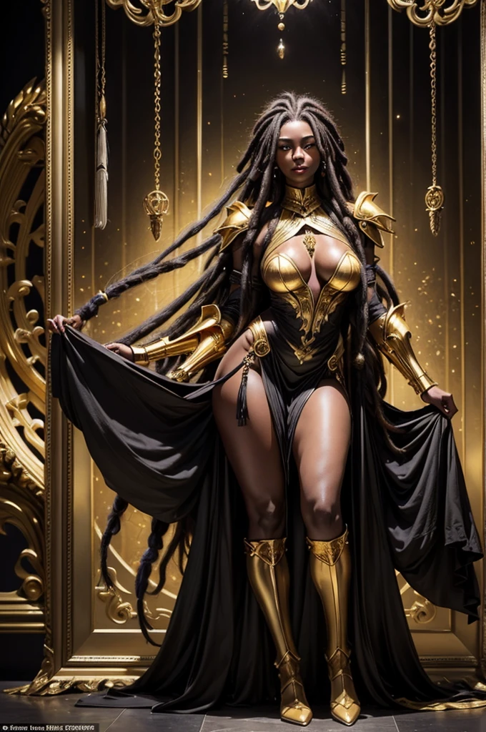 A tall and very youthful-looking woman with glowing yellow eyes, ((dark skin)), ((dreadlock black)), silver ange lips, ((medium breasts )), a voluptuous figure, and insectile characteristics, particularly on her legs and arms. She also wore all golden armor 
looking at viewer with a naughty expression
gorgeous face no flaws, gold dress, full body