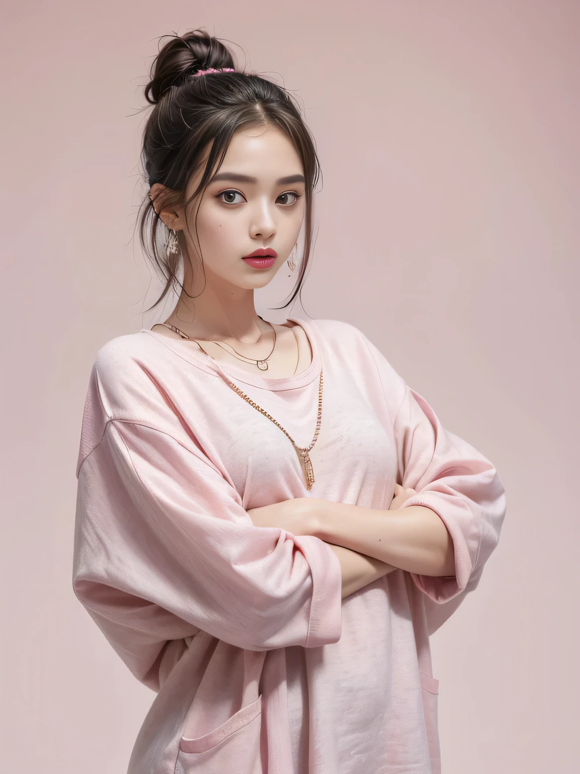 (8K, highest quality, High resolution, masterpiece :1.3), (pink background), stylish, hisense, fashion, The contour is the length of the surface, eyes are long, (freckles), Wavy black hair bun, hair band, oversized clothes, baggy clothes, Upper body, necklace, earrings, graphic design, take a pose,