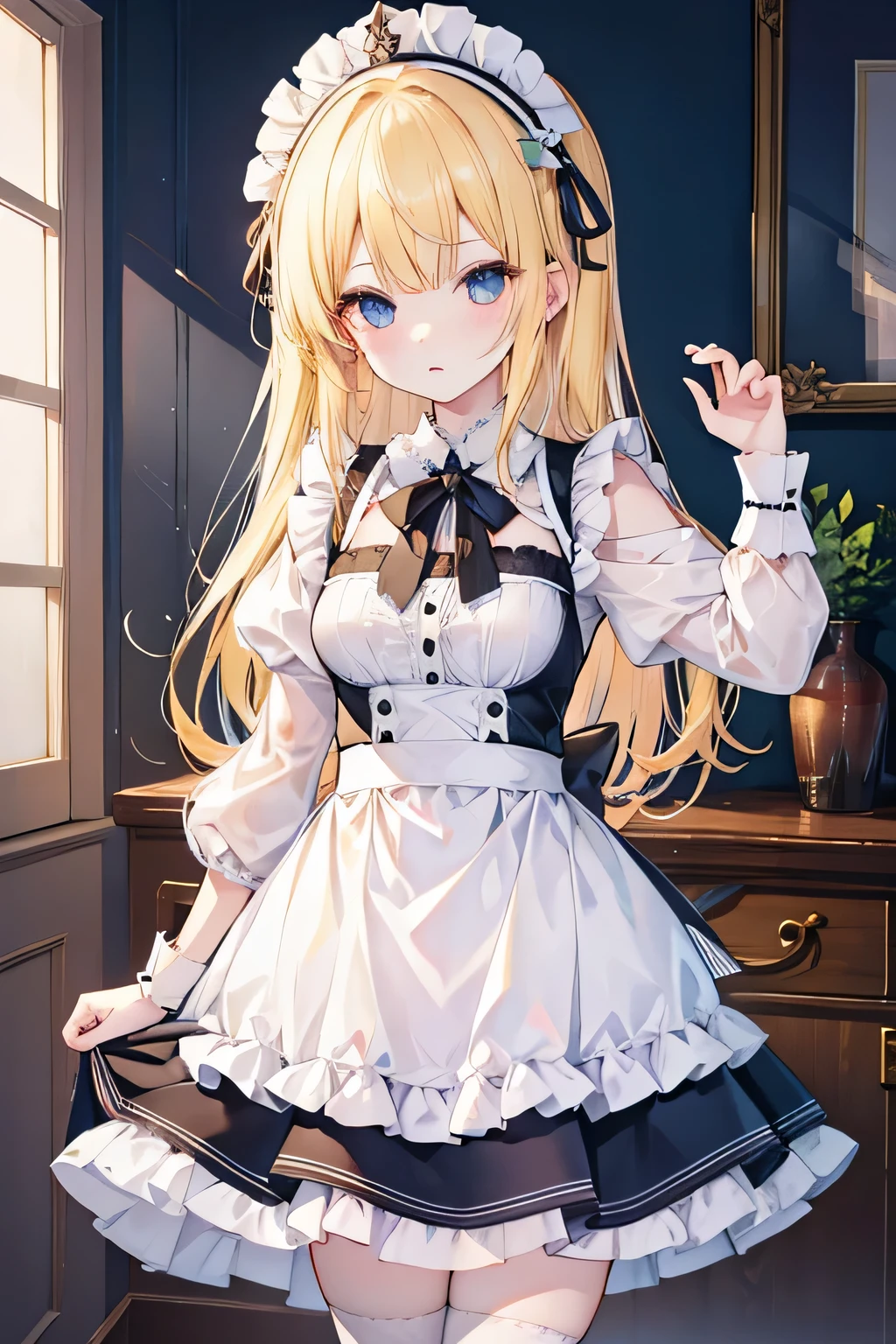 blonde、、She is wearing a maid outfit and role play costume，There is an innocent atmosphere overall.