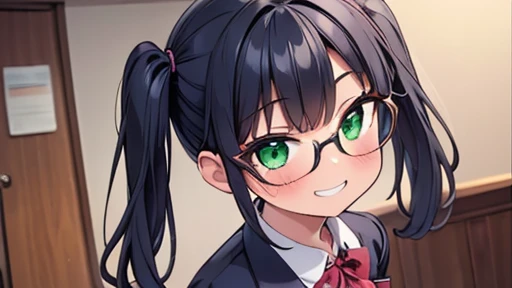 masterpiece,highest quality,wonderful,finely,High resolution,1 girl, big breasts,(grin:1.3), black hair, glasses, green eyes,twin tails, full body