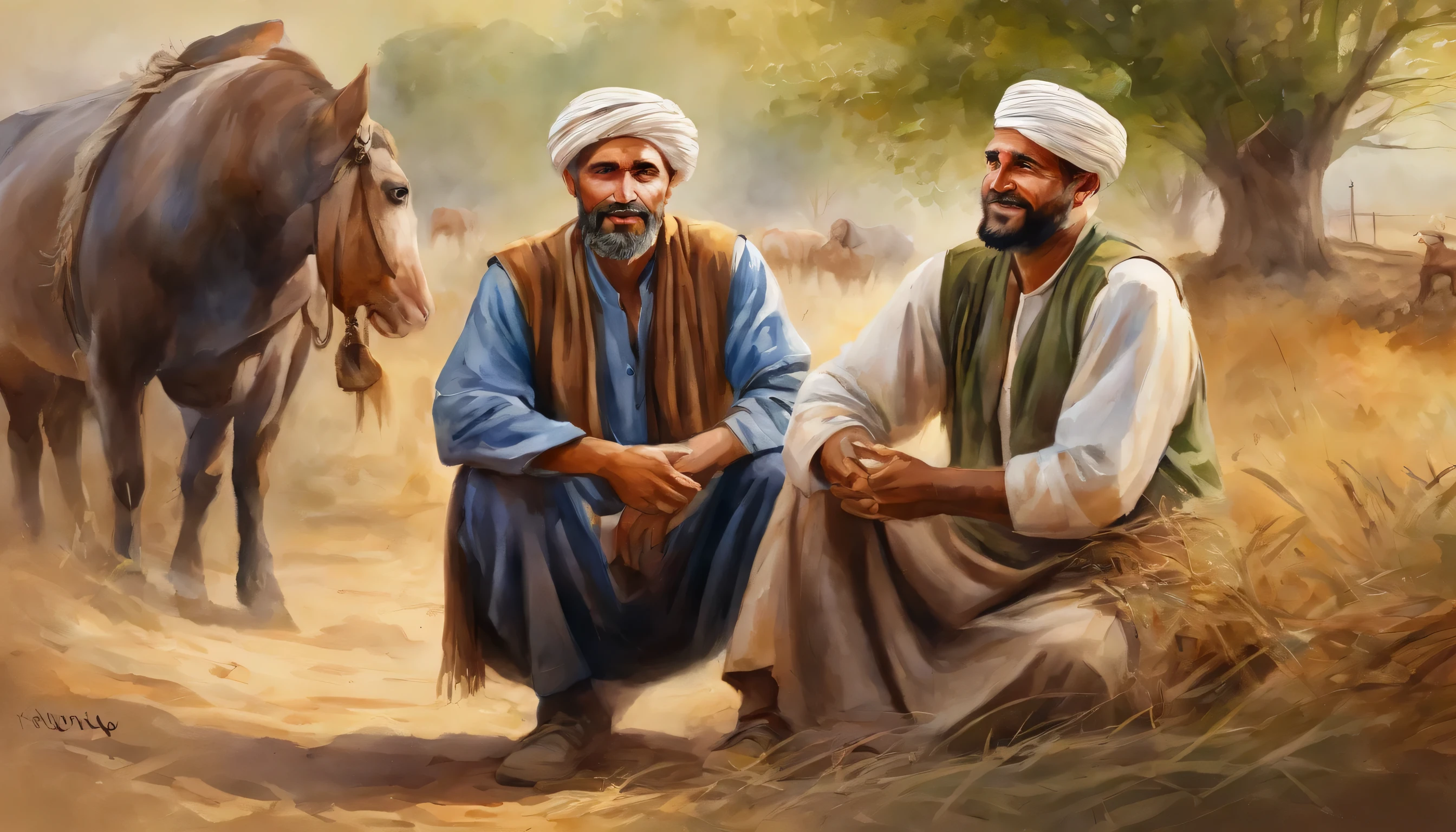 (((masterpiece))), (best quality), Super detailed, CG 8k illustration，Two farmers，young man，His clothes are worn out.，Brown hair，Wearing Islamic clothing，on the farm，doorstep