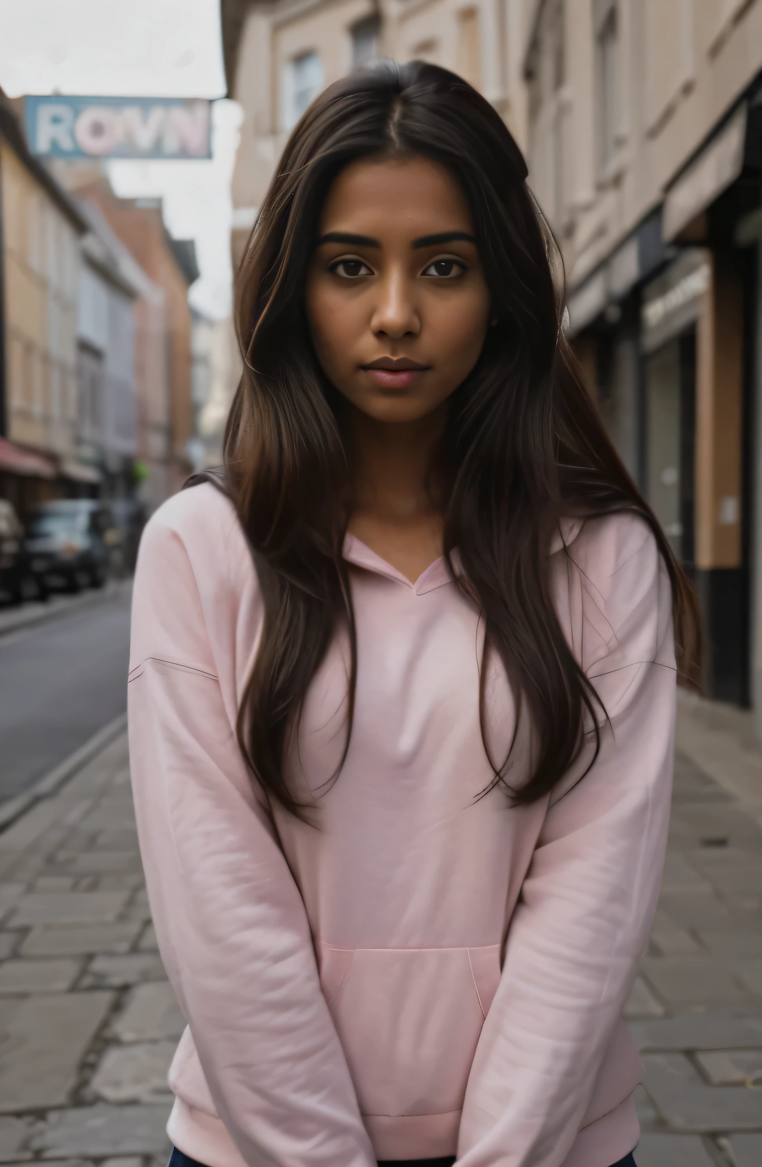 here is a woman in a pink hoodie top posing for a picture,hoodie down,outside,city,long hair, indian girl with brown skin,europe street, sexy girl with dark complexion, tanned beauty portrait, hyper realistic, realistic digital painting, detailed beauty portrait, detailed beautiful portrait, with brown skin, in a europe city, photorealistic beautiful face, photorealistic, realistic female portrait, realistic woman