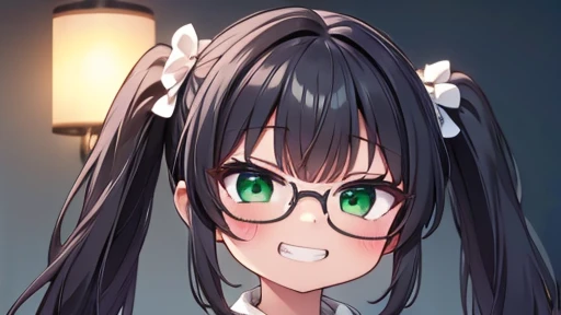 highest quality,wonderful,finely,extremely detailed CG unity 8k wallpaper,written boundary depth,1 girl, big breasts,(kiss with penis :1.3), black hair, glasses, green eyes,twin tails,full body, highest quality,Super detailed,unity 8k wallpaper,game CG,