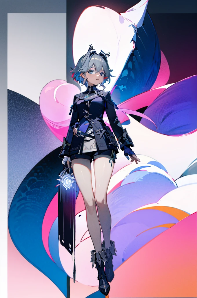 ((masterpiece, highest quality, High resolution)), she is about 20 years old、Anemone、goddess、height: 165cm、big breasts、Breast augmentation、Pink and blue soft short cut blonde hair,delicate face,naked without clothes、art、thigh-length long boots,cyber punk,She is slender and、has a beautiful appearance。She sits with her legs spread in an M shape,Pose from the front with legs apart。Her arms are tied behind her back。art的でHigh resolutionです、art