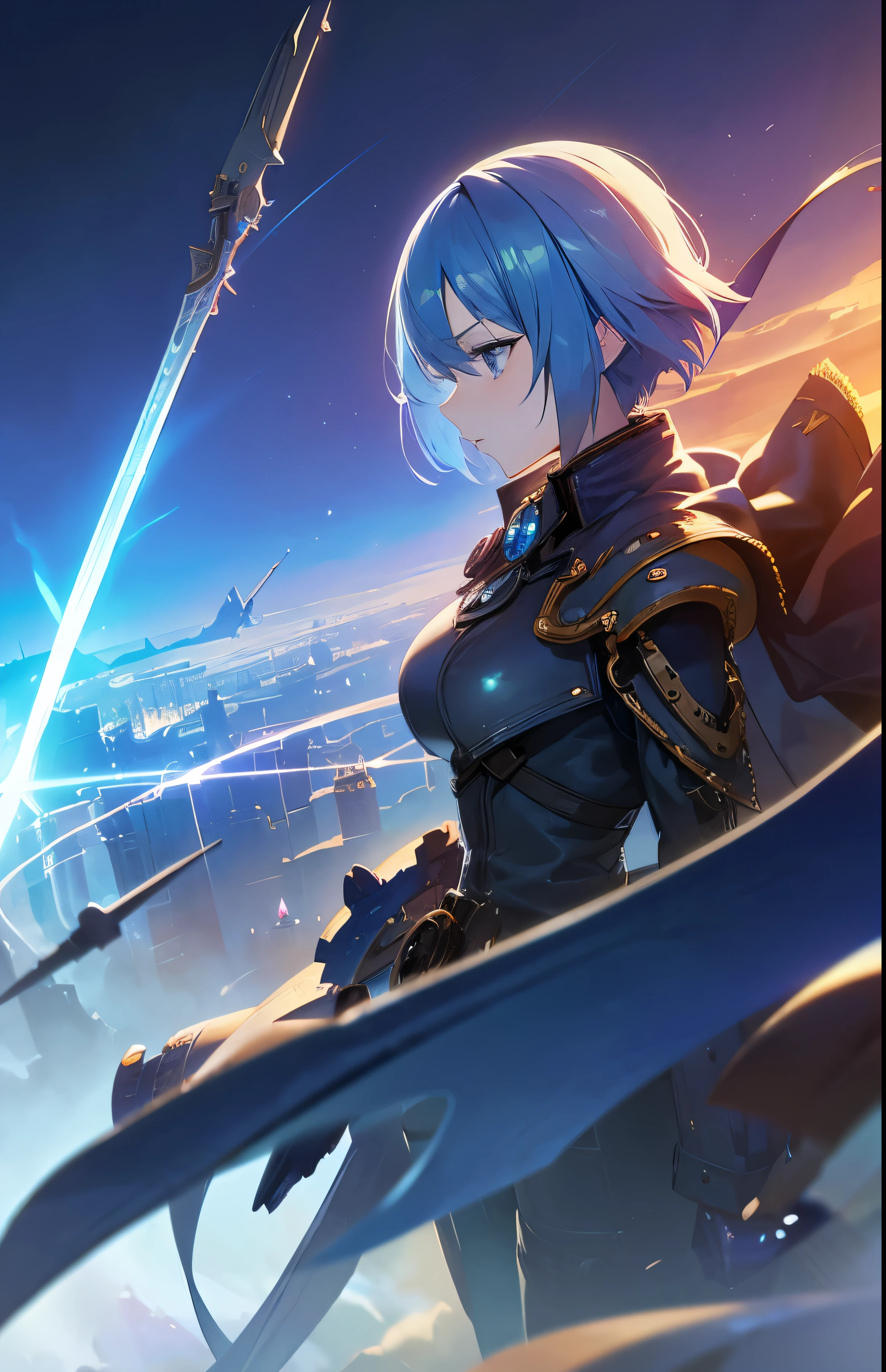 1girl, blue eyes, sky-blue hair, beautiful eyes, short hair, ((fantasy)), (sci-fi), (steampunk), traveler, wind blade, magic, inventor, astronomy, sword art, lost, broken, ruined world, calamity