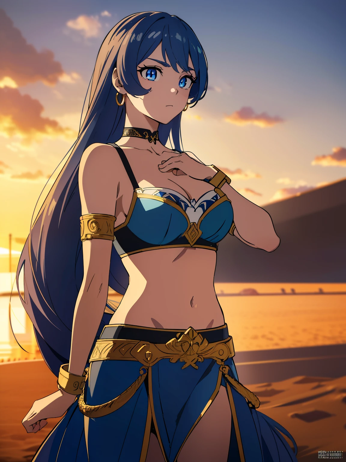 Highres, Masterpiece, Best quality at best,Best Quality,hight quality, hight detailed, 1girl, girl,  nejire hadou, blue eyes, blue hair, long hair,
upper body, solo, embarrassed, raised eyebrows, standing hoop earrings, outdoors, sand, (detailed, highres:1.2), black choker, egirlmakeup, Egyptian belly dancer, midriff, dancer, Blue belly dancer
BREAK (masterpiece:1.2), best quality, high resolution, unity 8k wallpaper, (illustration:0.8), (beautiful detailed eyes:1.6), extremely detailed face, perfect lighting, extremely detailed CG, (perfect hands, perfect anatomy),