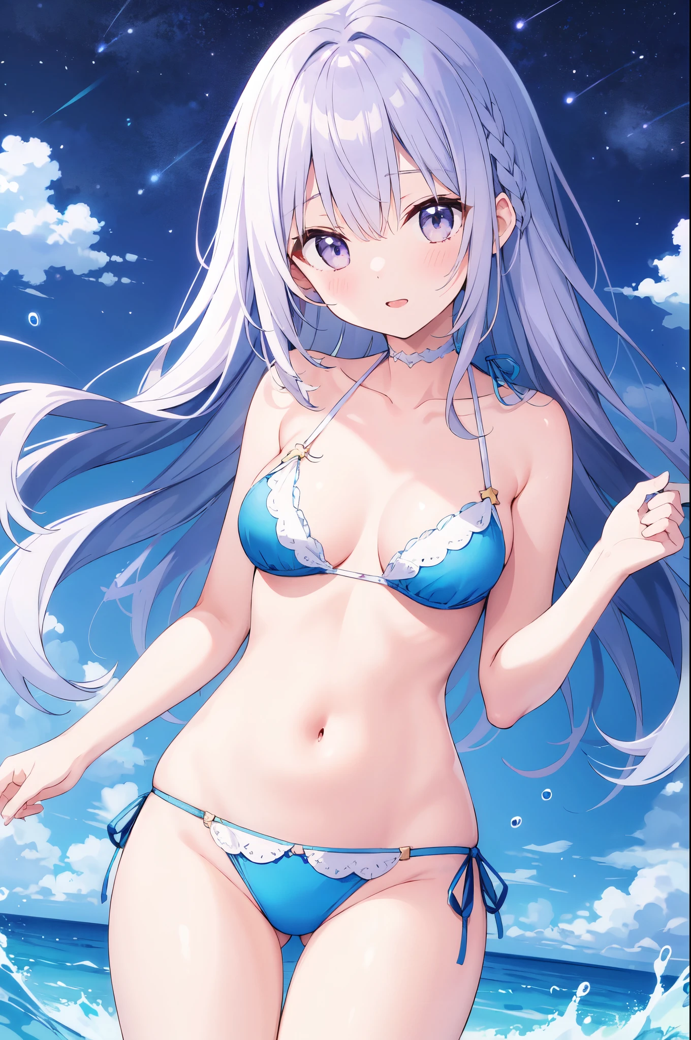 (masterpiece)、(highest quality)、((Super detailed))、(super delicate)、pastel colored hair、beautiful breasts、Eroi Bikini、Sea of night、fantastic starry sky