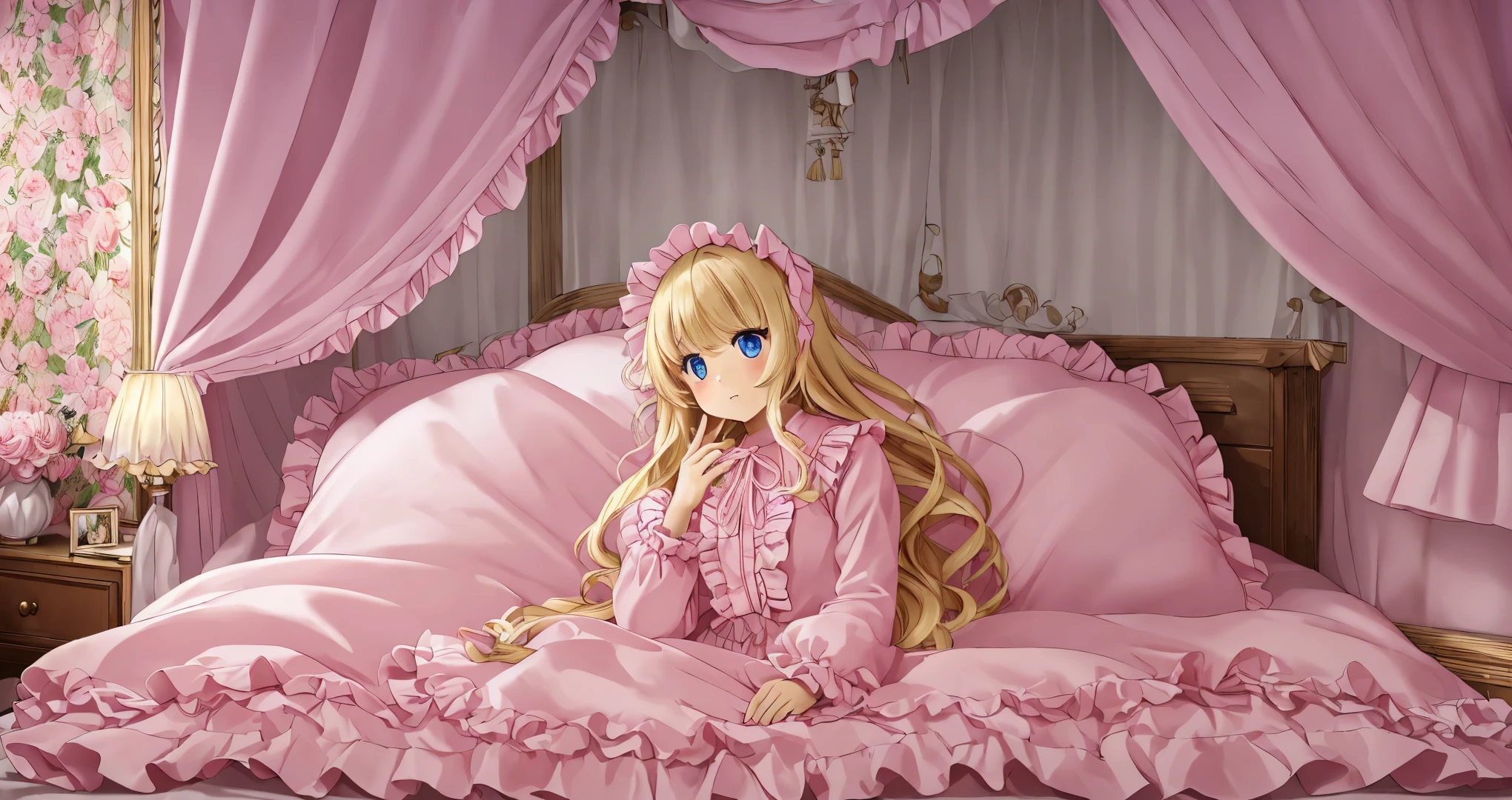 ,highest quality, masterpiece, highest resolution, artwork, super それにget used to it, many get used to it, get used to it, それにget used to it, 3K anime illustration,(( 10 year old girl)),Super detailed baby face,high quality small face,long blonde hair that grows to the waist,blue eyes,白い肌のeuropean,pajamas, european,(((super long blonde hair))),curly hair,blue eyes,((((ピンクのロリータファッションのlong skirtのワンピースドレス)))),((Pink dress with lots of frills and ribbons)),((Luxurious headdress with frills and ribbons)),detailed headdress,,(((big yoke collar))),Yoke collar with ruffles and ribbons,((((long sleeve)))),ruffle sleeves,((((long skirt)))),white ruffle and lace socks,large frill and ribbon pillow,(((Nice pink outfit))),豪華なcanopy bedの上,canopy bed,The bed is surrounded by luxurious curtains,many frilly pillows on the bed,There are many frilly pillows behind the girl.,super detailed background,detailed bed,soft pink comforter,Highly detailed soft ruffle pillow,Beautiful girl illustration,detailed beautiful face,fine hair,detailed eye ,detailed eyes,detailed mouth, arm details,fine hands,Detailed pillow,wide bed,Illustration on the bed, ,((((round futon)))),((((A large ruffled futon that covers the entire bed)))),detailed comforter,detailed bedシーツ,Before bedtime,romantic atmosphere,palace bedroom,((((The lower half of the body is hidden under the futon and the puffy skirt....)))) The girl is leaning on a pile of pillows, ,((((round futon)))),((((A large ruffled futon that covers the entire bed)))),