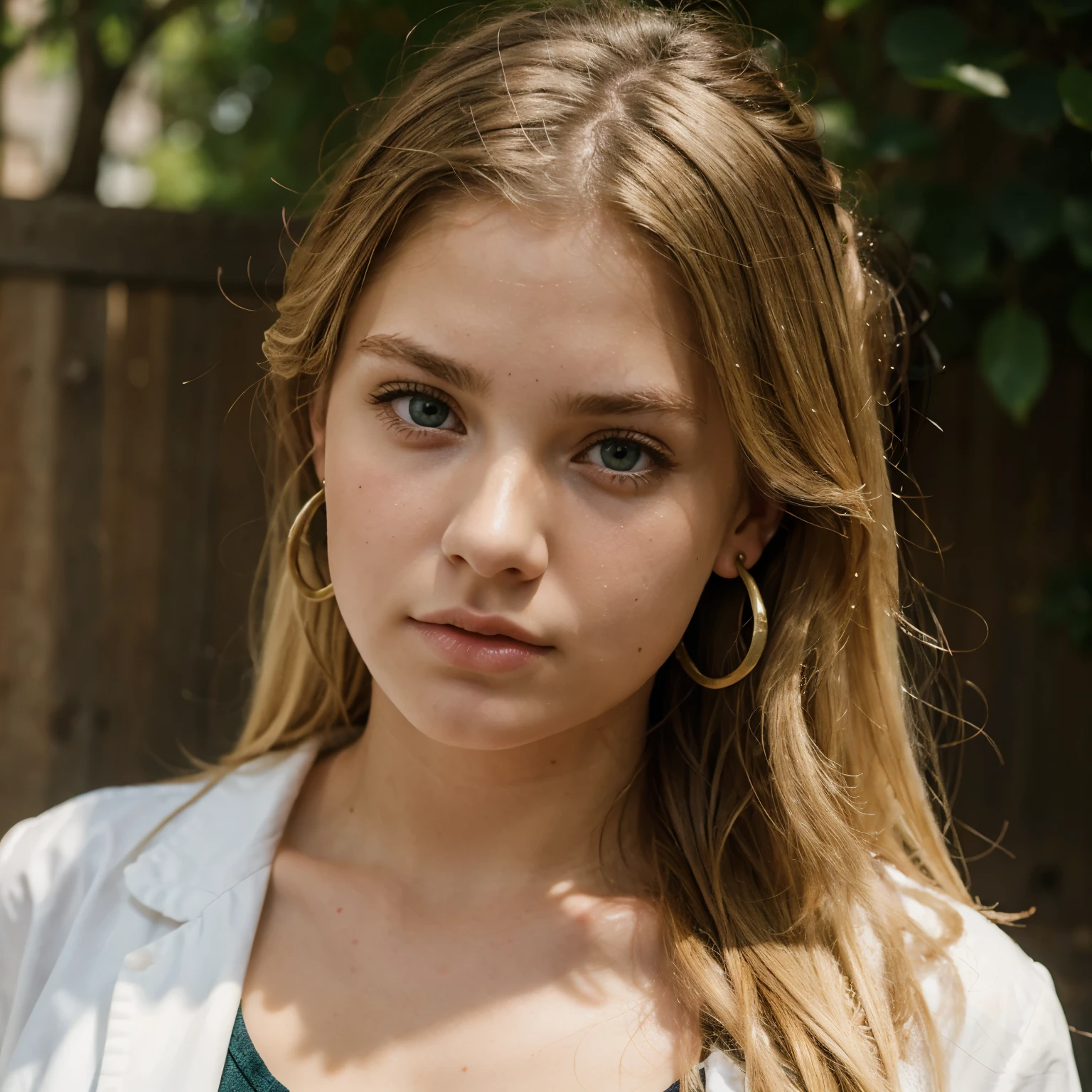 (realistic), detailed background, girl, blonde, with earrings , bloodied lips and nose , furrowed expression, blonde styled hair, button nose, green almond eyes, 80's outfit