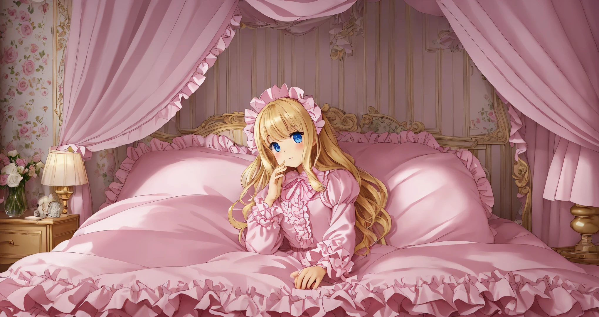 ,highest quality, masterpiece, highest resolution, artwork, super それにget used to it, many get used to it, get used to it, それにget used to it, 3K anime illustration,(( 10 year old girl)),Super detailed baby face,high quality small face,long blonde hair that grows to the waist,blue eyes,白い肌のeuropean,pajamas, european,(((super long blonde hair))),curly hair,blue eyes,((((ピンクのロリータファッションのlong skirtのワンピースドレス)))),((Pink dress with lots of frills and ribbons)),((Luxurious headdress with frills and ribbons)),detailed headdress,,(((big yoke collar))),Yoke collar with ruffles and ribbons,((((long sleeve)))),ruffle sleeves,((((long skirt)))),white ruffle and lace socks,large frill and ribbon pillow,(((Nice pink outfit))),豪華なcanopy bedの上,canopy bed,The bed is surrounded by luxurious curtains,many frilly pillows on the bed,There are many frilly pillows behind the girl.,super detailed background,detailed bed,soft pink comforter,Highly detailed soft ruffle pillow,Beautiful girl illustration,detailed beautiful face,fine hair,detailed eye ,detailed eyes,detailed mouth, arm details,fine hands,Detailed pillow,wide bed,Illustration on the bed, ,((((round futon)))),((((A large ruffled futon that covers the entire bed)))),detailed comforter,detailed bedシーツ,Before bedtime,romantic atmosphere,palace bedroom,((((The lower half of the body is hidden under the futon and the puffy skirt....)))) The girl is leaning on a pile of pillows, ,((((round futon)))),((((A large ruffled futon that covers the entire bed)))),
