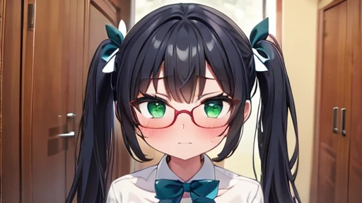 masterpiece,highest quality,wonderful,finely,High resolution,1 girl, big breasts,(embarrassed:1.3), black hair, glasses, green eyes,twin tails, full body