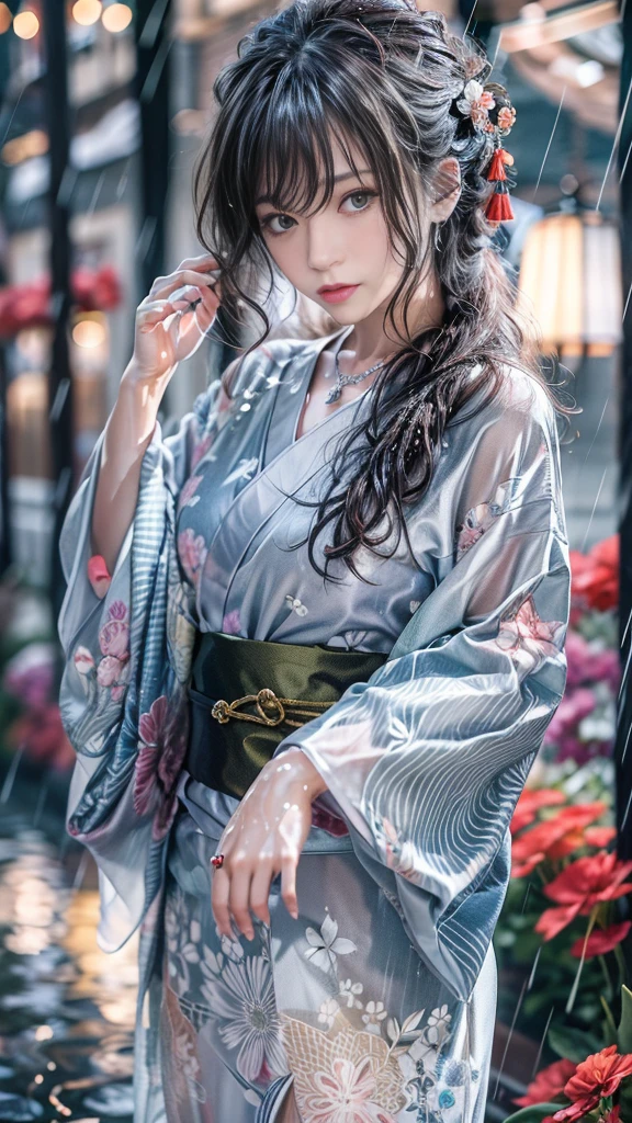 (Photoreal:1.5, 8K, highest quality:1.3, masterpiece, ultra high resolution), (((heavy snow, Blizzard))), Highly detailed skin and facial textures:1.3, perfect dynamic composition:1.2, (In front of a shrine at night in a modern city, expression of sadness:1.0, Tears are flowing:1.0, cry with a broken heart:1.0), Slim office lady wet in the rain:1.2, cowboy shot, Fair skin:1.2, sexy beauty:1.1, perfect style:1.2, beautiful and aesthetic:1.1, very beautiful face:1.2, water droplets on the skin, (rain drips all over my body:1.2, wet body:1.2, wet hair:1.3), (Professional kimono dressing:1.1, Bouquet of wet daffodils in hand:1.2, Wearing a wet silver kimono correctly:1.3), (Medium chest, Bra see-through, Chest gap), (Big eyes that exude beautiful eroticism:0.8, adult charm:0.8, Bewitching:0.8), necklace, earrings, bracelet, wedding ring, Highly detailed and accurate hand and finger representation