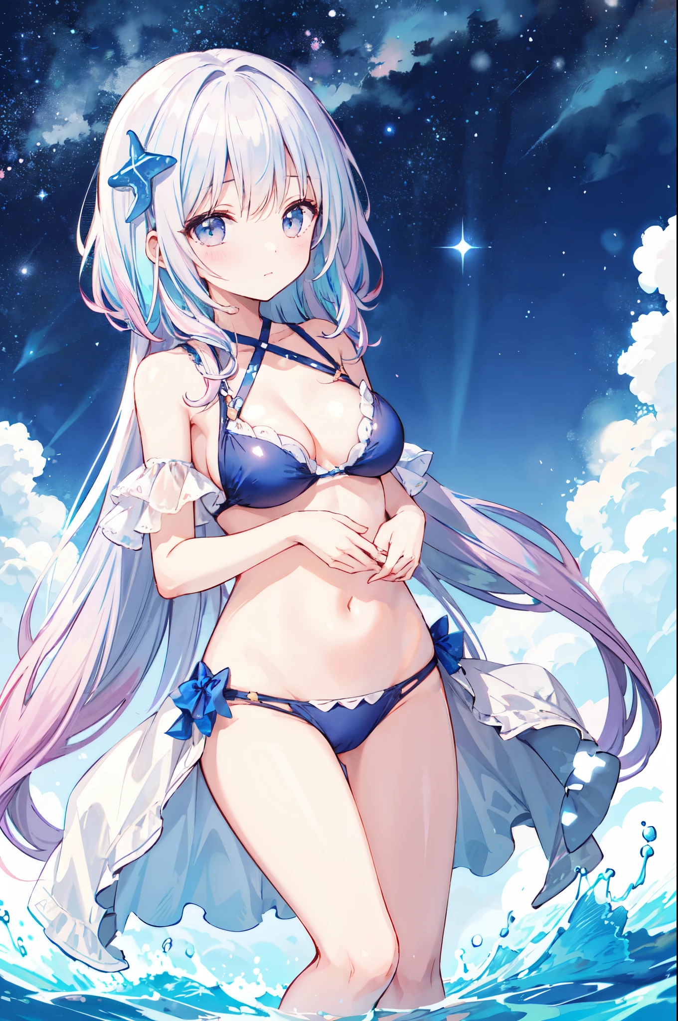 （masterpiece）、(highest quality)、((Super detailed))、(super delicate)、pastel colored hair、beautiful breasts、Eroi Bikini、Sea of night、fantastic starry sky