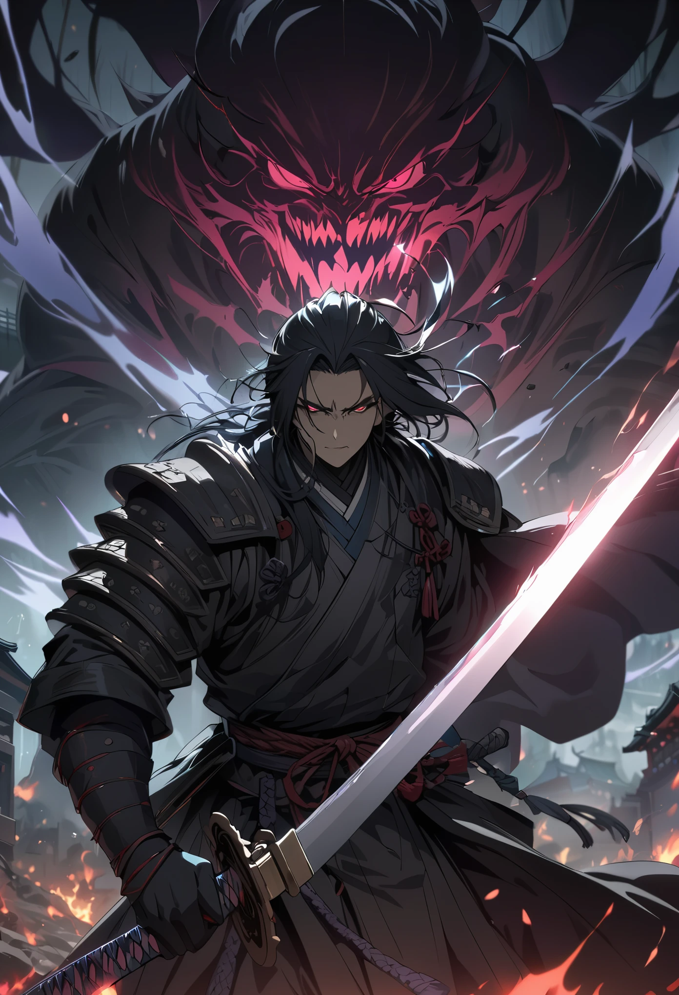 Highest quality、detailed、A battlefield covered in blood and guts、Blood makeup、The best samurai in Japan、Demon Mask👺、Monkey&#39;s Tail、Dog&#39;s Fangs、Pheasant Wings、Sore body、Japanese Armor、Japanese sword、Black Hair、Madness、mad Men、