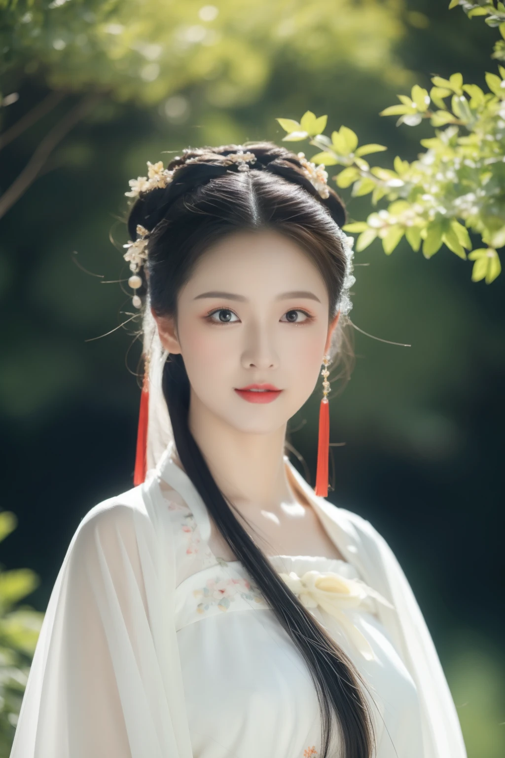 in the sun, Hanfu women, white hanfu, Upper body portrait photo, hairpin, bun, fringe hair accessories, green trees, clear sky, bridge overhang, fantastic, Bouguereau reports, Popular topics on artstationh, Exquisite facial features style, close-up photo style, 8K, HD, upscale, sense of reality, First-person perspective, Positive face,looking at the audience