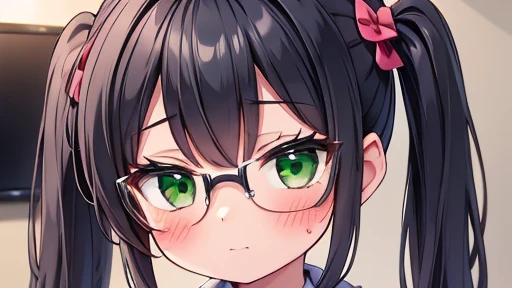 masterpiece,highest quality,wonderful,finely,High resolution,1 girl, big breasts,(blush:1.3), black hair, glasses, green eyes, twin tails, full body