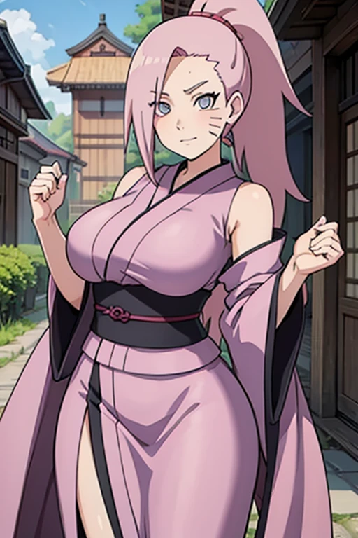 A pink haired woman with violet eyes and an hourglass figure in a kimono is posing in a Naruto village
