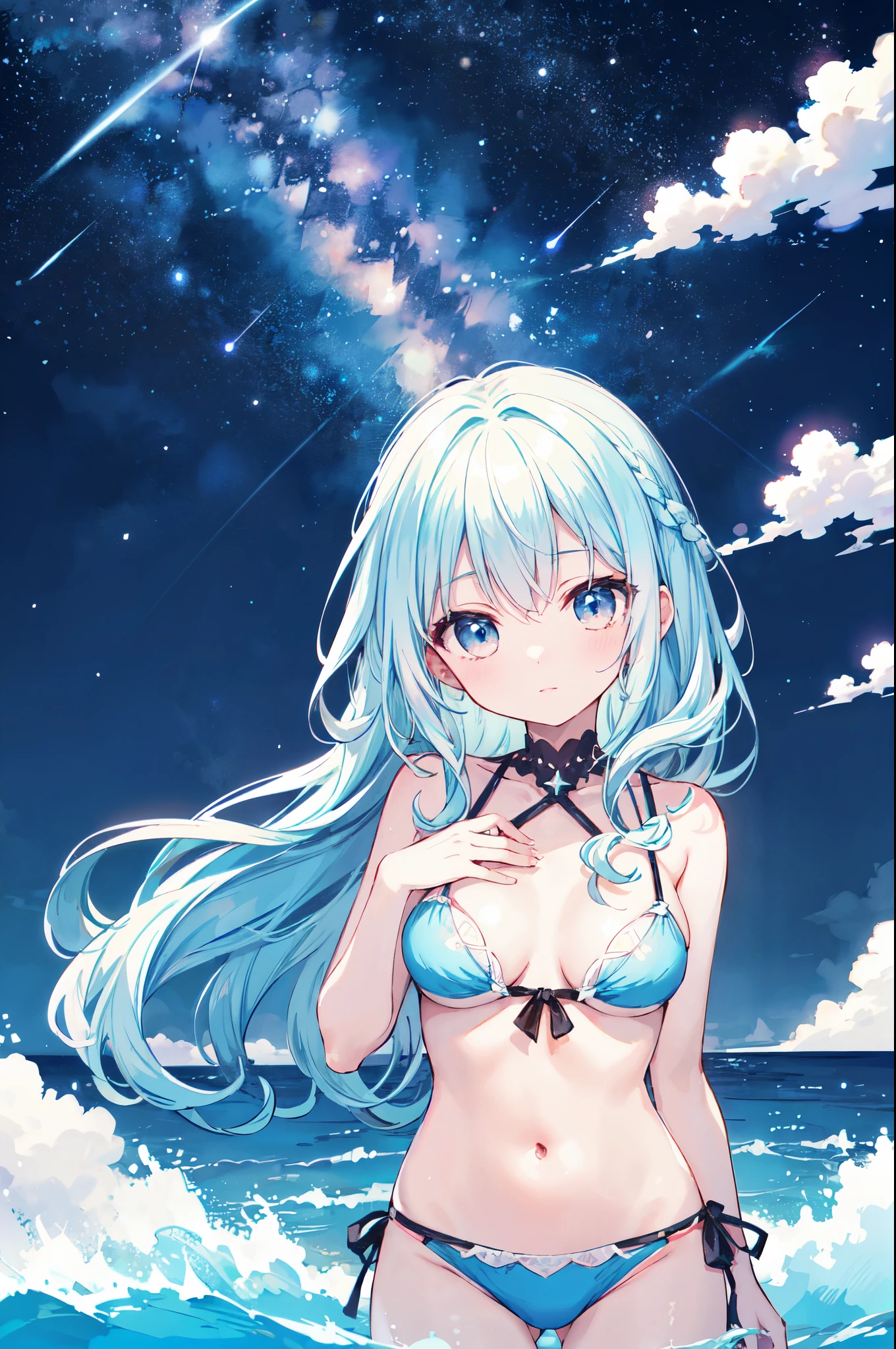 (masterpiece)、(highest quality)、((Super detailed))、(super delicate)、pastel colored hair、beautiful breasts、Eroi Bikini、Sea of night、fantastic starry sky
