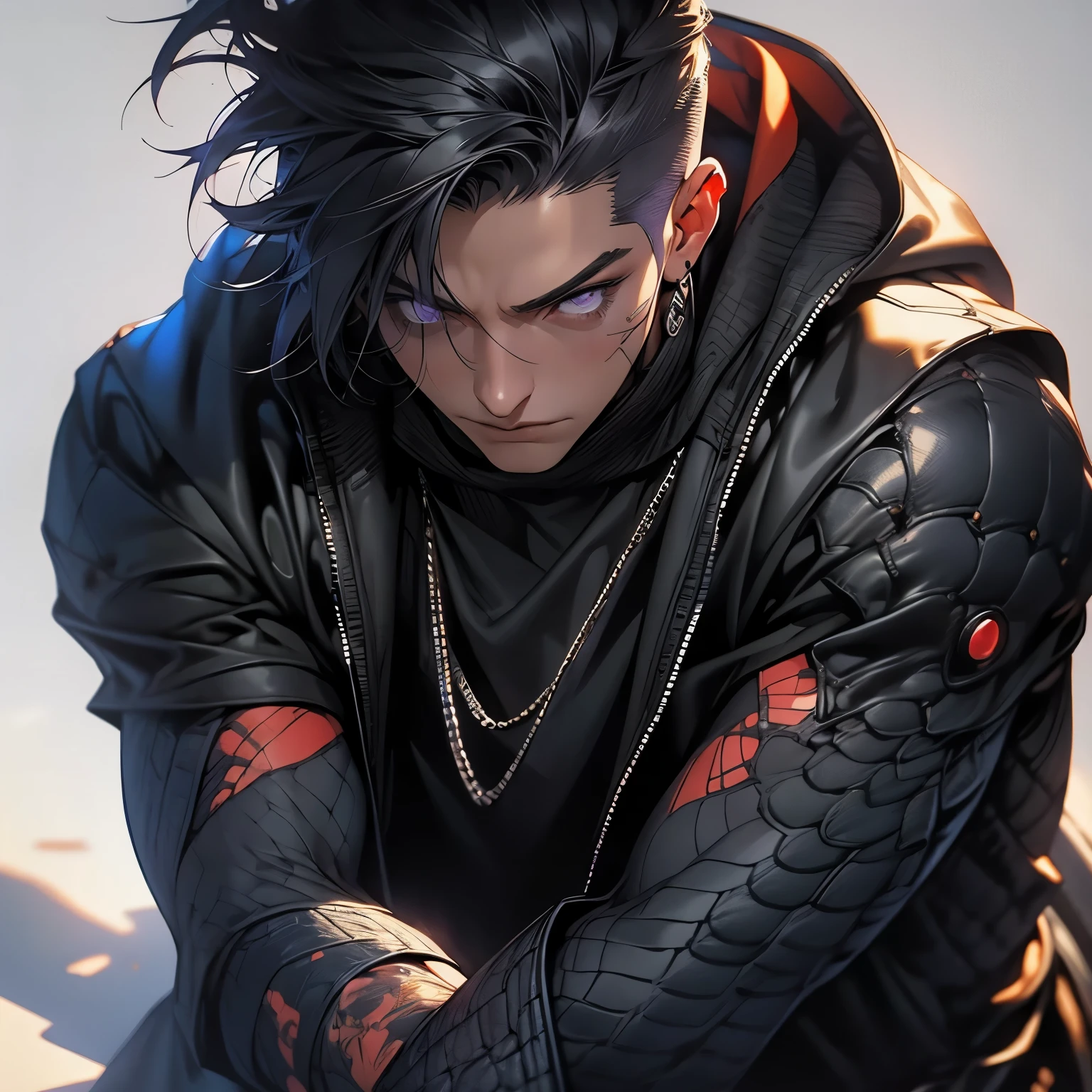 Young Male, Assassin, Hood, White Coat, White Shirt, Cyberpunk, Hidden Blade, Handsome, Dark Skin, Draconic Scales, Reptilian Arms, Black Hair, Shorthair, Purple Eyes, Reptilian Eyes, Scars, Menacing, Slim, Lean, 3D, Realistic, Tokyo City, Very Detailed, HD, 8K, Mastepiece, HDR