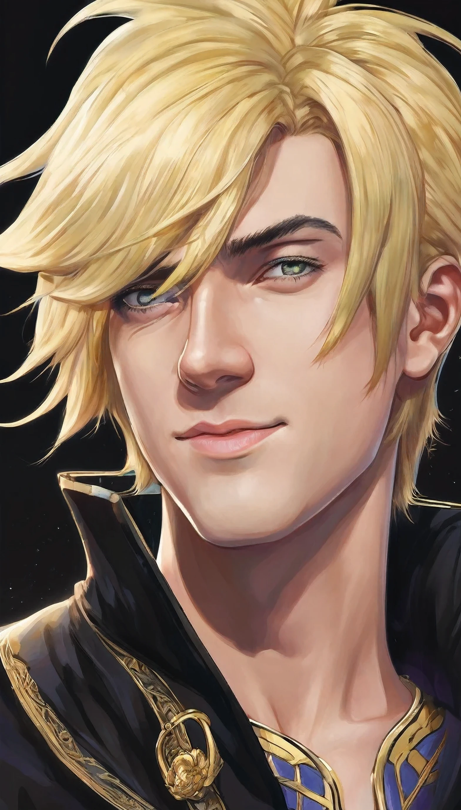 (absurdity, A high resolution, ultra detailed), (cinematic), (UHD), One, 1 person, mature, happy, upper body, blonde with short hair, fantasy, spring, USA, closed mouth, (cinematic, Best quality, UHD), ((official art)), ((pop art))profile, A simple hut, detailed face, (extremely detailed eyes), uzumaki naruto, ((nobility)), (((prince in black outfit))), emperor, duke, (((((One)))))