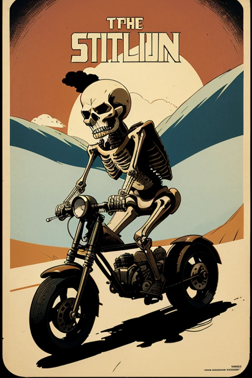 retro futuristic poster of a skeleton driving a vintage steam roller cartoon illustration