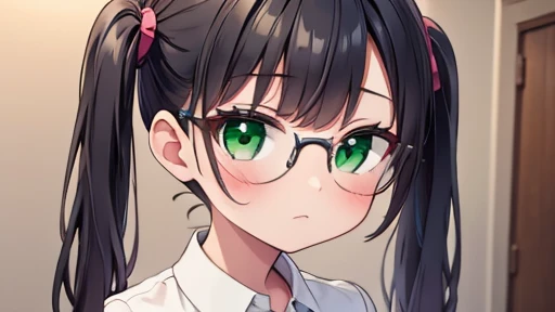 masterpiece,highest quality,wonderful,finely,High resolution,1 girl, big breasts,(expressionless:1.3), black hair, glasses, green eyes,twin tails, full body