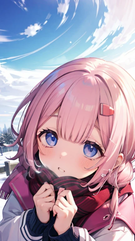 、Peep、A sneak peak、Shyness、blush、embarrassing、blush、peak、High resolution、Full HD、8K quality、、、顔をscarfで隠す、Warm appearance、wear a coat、snow原、snow像、snow、cold、scarf、scarfを巻く、降snow、Terrace seats、sit、cafeteria、meeting、droopy eyes、upper grade、peek from below、high perspective、Look at top left、stare、、highlight on eyes、lively eyes、clear eyes、beautiful eyes