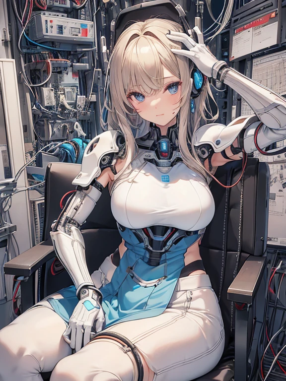 NSFW, (((masterpiece)))、(((highest quality)))、((Super fine))、(Detailed CG illustration)、((very delicate and beautiful))、(Delicate and cute face)、cinematic light、((1 Mechanical Girl))、solo、Full body Esbian、(highest qualityのイラスト:1.2), (pretty girl:1.1), (1 girl, solo:1.5), (1 girl、18-year-old、beautiful breasts:1.5、highly detailed eyes:1.2)、(beautiful breasts:1.1)、Cyborg Machine Main Body、positive、white cyber suit、perfect fit、black haired、brown hair、silver hair、blonde、blue hair、blue eyes、brown eyes、red eye mechanical joint:1.4)、((mechanical limbs))、(blood vessels connected to tubeechanical spine attached to back))、((mechanical cervical vertebrae)attached to the neck))、((Sitting on a chair on a machine))、No expression、(Wires and cables attached to head and body:1.5)、(character focus)、nffsw、Under maintenance、Touching the whole body with a mechanical arm