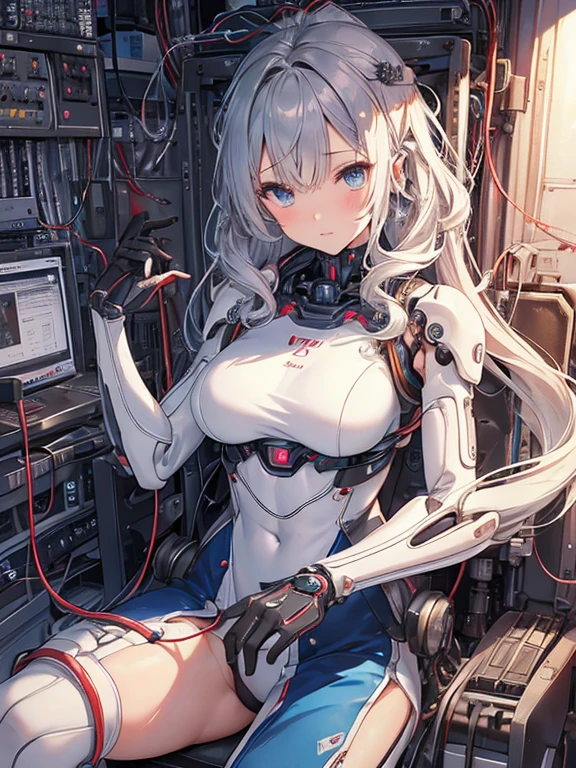 NSFW, (((masterpiece)))、(((highest quality)))、((Super fine))、(Detailed CG illustration)、((very delicate and beautiful))、(Delicate and cute face)、cinematic light、((1 Mechanical Girl))、solo、Full body Esbian、(highest qualityのイラスト:1.2), (pretty girl:1.1), (1 girl, solo:1.5), (1 girl、18-year-old、beautiful breasts:1.5、highly detailed eyes:1.2)、(beautiful breasts:1.1)、Cyborg Machine Main Body、positive、white cyber suit、perfect fit、black haired、brown hair、silver hair、blonde、blue hair、blue eyes、brown eyes、red eye mechanical joint:1.4)、((mechanical limbs))、(blood vessels connected to tubeechanical spine attached to back))、((mechanical cervical vertebrae)attached to the neck))、((Sitting on a chair on a machine))、No expression、(Wires and cables attached to head and body:1.5)、(character focus)、nffsw、Under maintenance、Touching the whole body with a mechanical arm