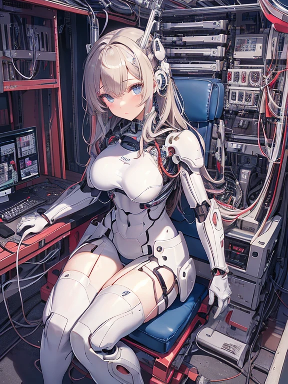 NSFW, (((masterpiece)))、(((highest quality)))、((Super fine))、(Detailed CG illustration)、((very delicate and beautiful))、(Delicate and cute face)、cinematic light、((1 Mechanical Girl))、solo、Full body Esbian、(highest qualityのイラスト:1.2), (pretty girl:1.1), (1 girl, solo:1.5), (1 girl、18-year-old、beautiful breasts:1.5、highly detailed eyes:1.2)、(beautiful breasts:1.1)、Cyborg Machine Main Body、positive、white cyber suit、perfect fit、black haired、brown hair、silver hair、blonde、blue hair、blue eyes、brown eyes、red eye mechanical joint:1.4)、((mechanical limbs))、(blood vessels connected to tubeechanical spine attached to back))、((mechanical cervical vertebrae)attached to the neck))、((Sitting on a chair on a machine))、No expression、(Wires and cables attached to head and body:1.5)、(character focus)、nffsw、Under maintenance、Touching the whole body with a mechanical arm