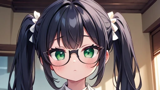 masterpiece,highest quality,wonderful,finely,High resolution,1 girl, big breasts,(bored:1.3), black hair, glasses, green eyes,twin tails, full body