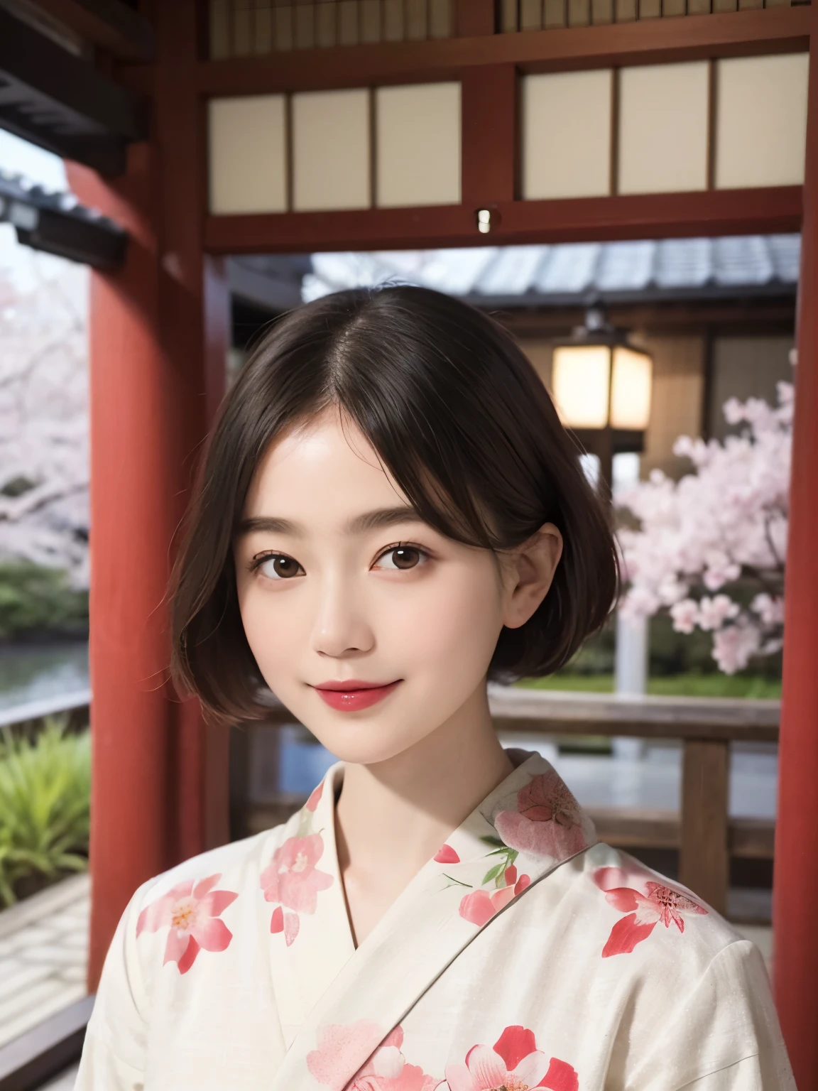 199 (snapdd00-Fp16), Japanese painting, woman, gentle smile, lipstick, short hair, Paintings by Shoen Uemura, Japanese style room, japanese architecture, Japanese garden, cherry blossom pattern