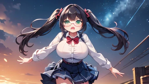 masterpiece,highest quality,wonderful,finely,High resolution,1 girl, big breasts,(angry:1.3), black hair, glasses, green eyes,twin tails, full body