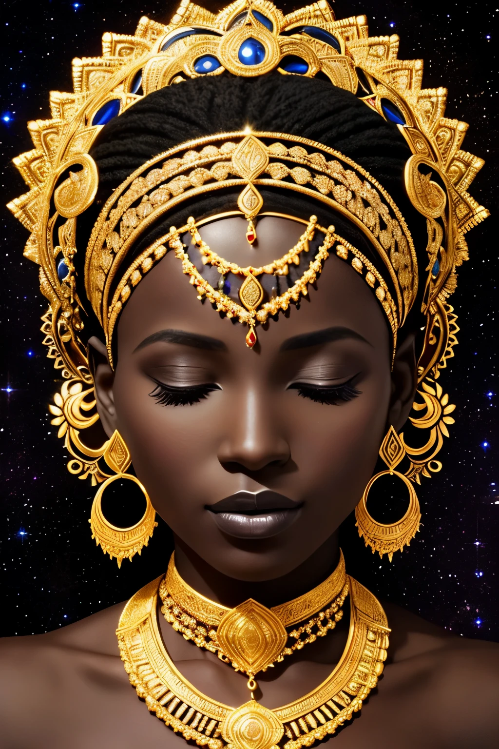 Just the enchanting face of an African Goddess, with closed eyes, raises towards the heavens, adorned with golden earrings and intricately designed necklaces that jewel her black skin. The background of the image is an alluring expanse of black, adding to the mystique and enigma of her divine presence.