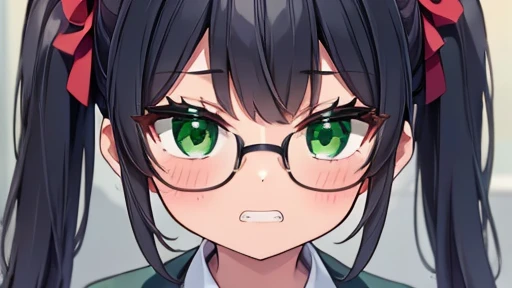 masterpiece,highest quality,wonderful,finely,High resolution,1 girl, big breasts,(clenched teeth:1.3), black hair, glasses, green eyes, twin tails, full body