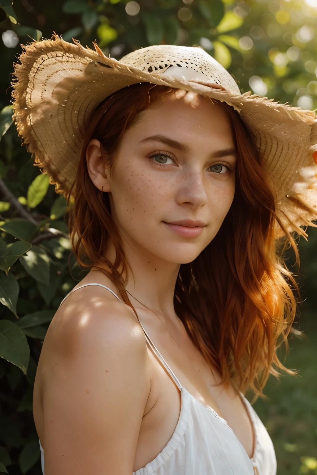 (Best quality, Ultra-detailed: 1.1), Portrait of a charming 25-year-old American girl, Orange hair, Sun-kissed skin with hunter eyes, Cute expression, Unique details, Full face view, (High definition: 1.2), (Photorealistic: 1.5), Orange hair cascading down her shoulders, Sun-kissed skin with a hint of freckles, Hunter eyes radiating depth and intrigue, Personal tools and props like a sun hat or a sketchbook, (Sharp focus on details: 1.3), High contrast lighting, Bringing out the natural colors of her hair and skin,