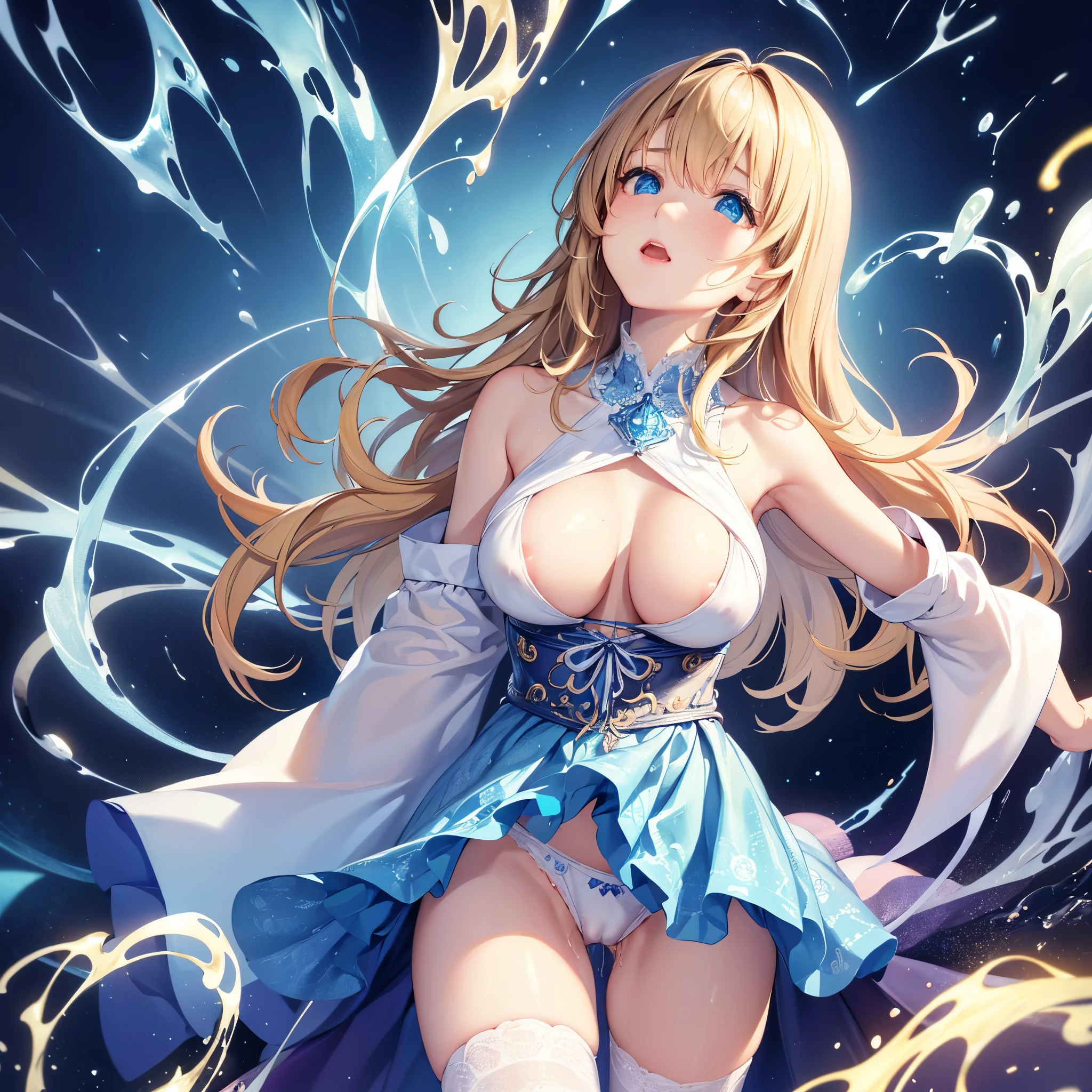 adult woman、exact number of fingers、Exact number of legs、Exact number of arms、bangs, , blonde, , fingering, (pussy juice:1.2), Blue women's underwear、high socks、, (Underwear with elaborate and luxurious decorations:1.3), sexy underwear, Thighhighs、 beautiful big breasts, (erect nipples:1), highest quality, High resolution, (fine and beautiful eyes:1.6), highly detailed face, perfect lighting, Very detailed CG, (perfect hands, perfect anatomy),embarrassed look、sexy look、look up、mouth half open、whole body